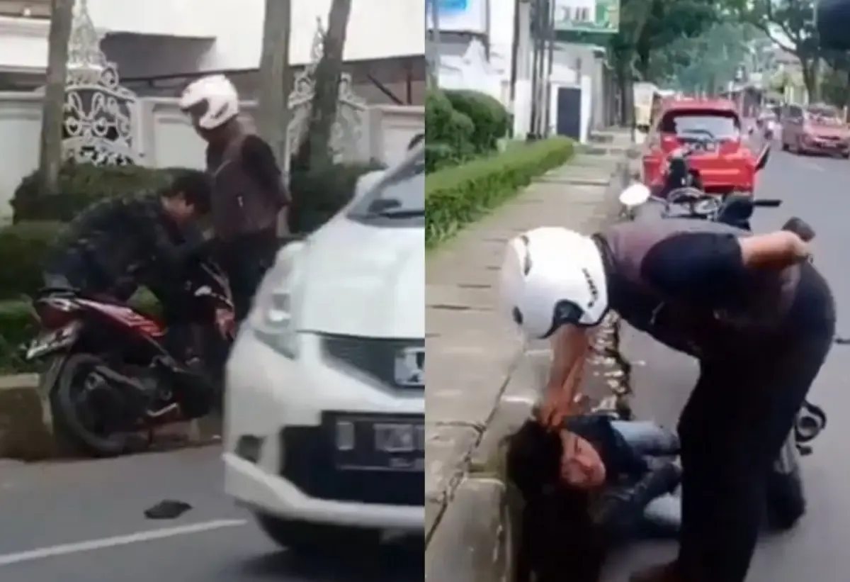 Viral video pengendara motor dipukul hingga kejang setelah senggolan dengan pengendara lain di Cimahi, Jawa Barat, Rabu (19/4/2023). (Sumber : Twitter @tanyakanrl)
