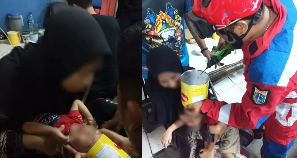 Kepala anak tersangkut di kaleng biskuit. (Sumber : Instagram @humasjakfire)