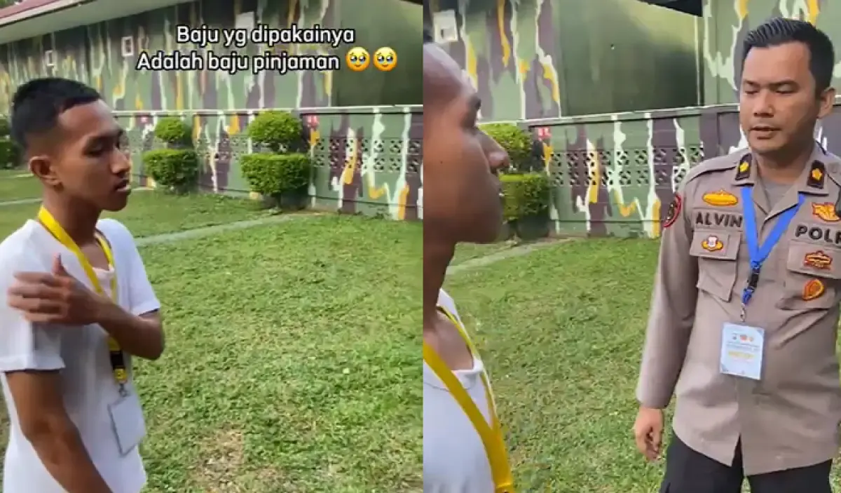 Baju robek yang dikenakan Muhammad Iqbal saat ikut tes masuk polisi di Polda Riau. (Sumber : TikTok @ciwialeena)