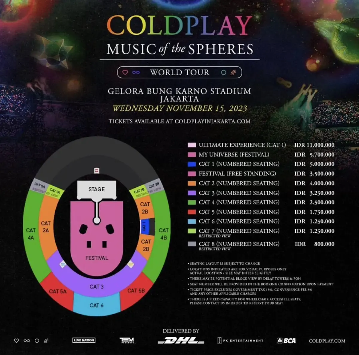 Daftar harga tiket konser musik Coldplay di Indonesia (Sumber : Instagram @pkentertainemt)