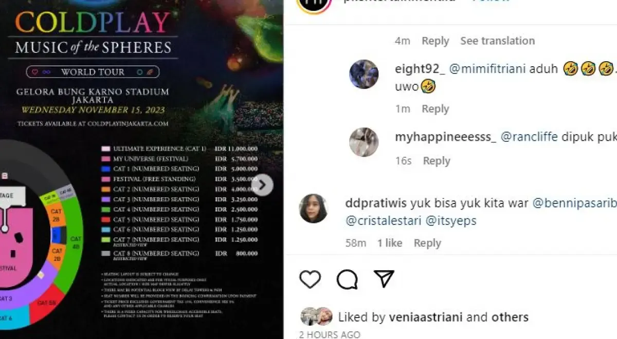 Ngakak brutal! begini komentar warganet setelah tahu ada harga tiket konser Coldplay Rp 11 Juta (Sumber : instagram PK Entertainment)