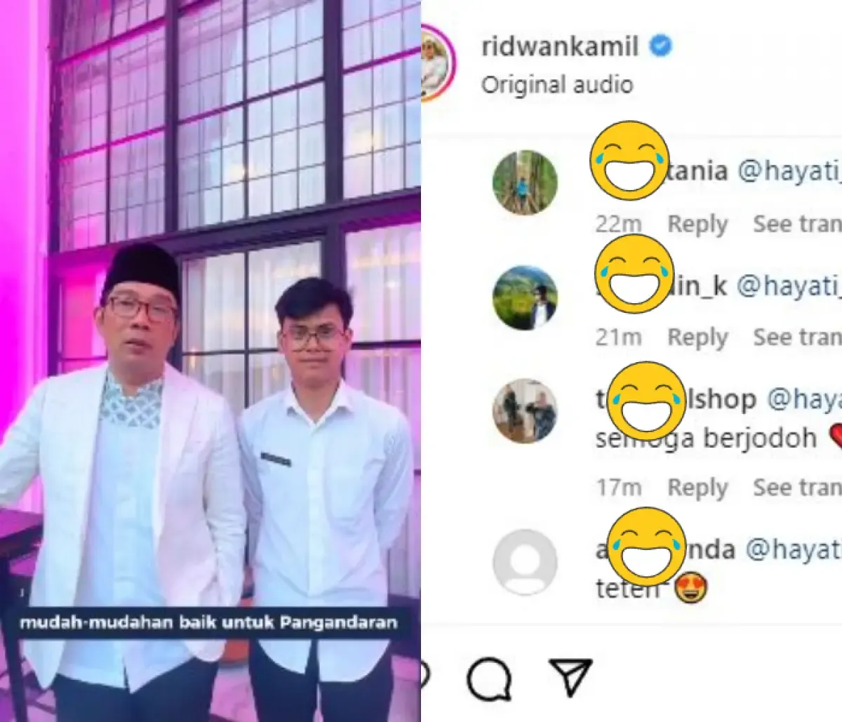 Respon warganet di kolom komentar Ridwan Kamil setelah bertemu dengan Husein guru muda ASN Pangandaran di luar prediksi (Sumber : Instagram/Ridwan Kamil)