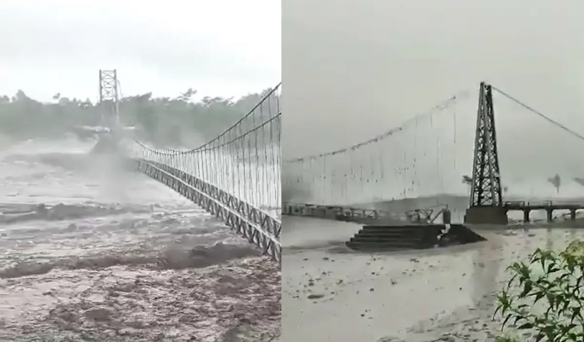 Jembatan Kali Regoyo putus setelah banjir lahar dingin Gunung Semeru menerjang Kecamatan Candipuro, Kabupaten Lumajang, Jumat 7 Juli 2023. (Sumber : Twitter @alwihusin)