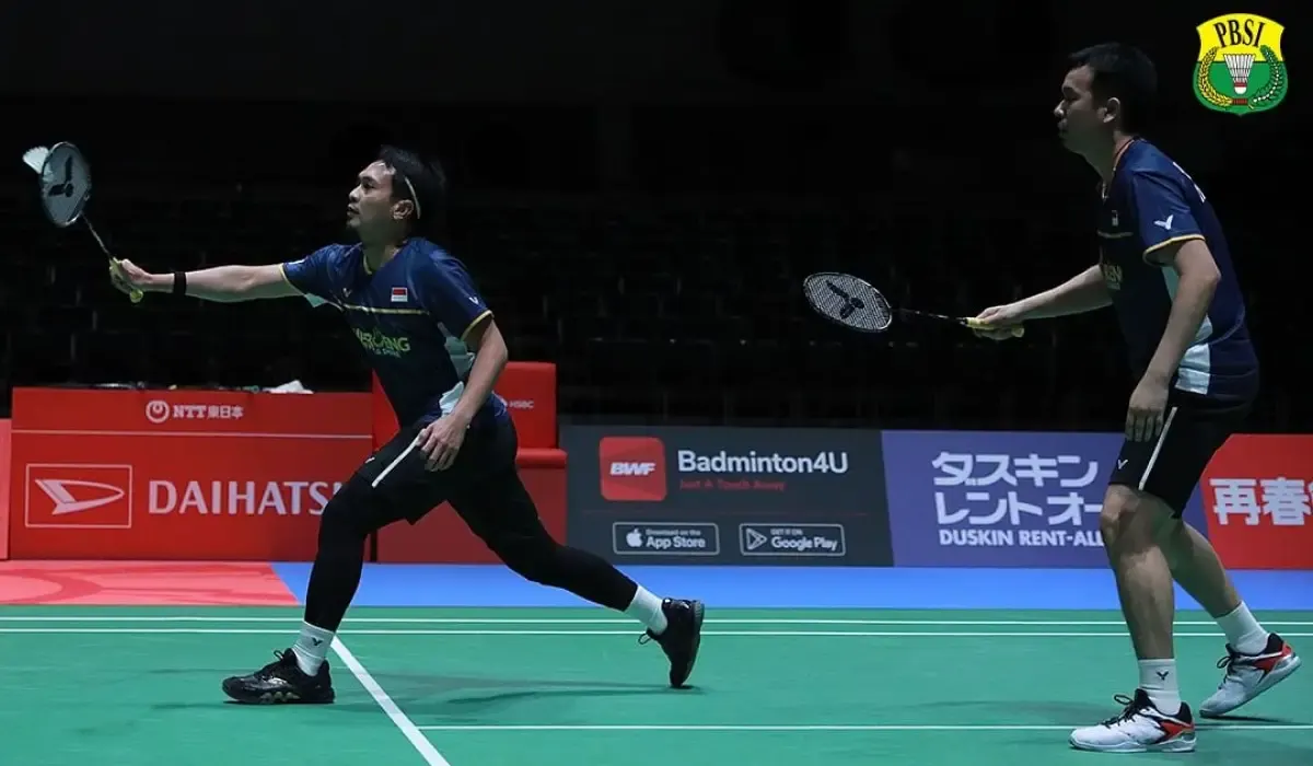 Mohammad Ahsan/Hendra Setiawan, yang mengalahkan wakil Korea Selatan, Kim Gi Jung/Kim Sa Rang di babak 32 besar Japan Open 2023, Selasa 25 Juli 2023. (Sumber : PBSI)