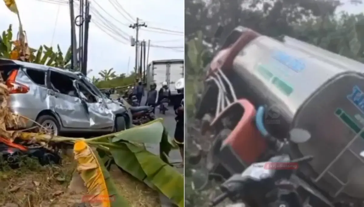 Truk pengangkut air yang menabrak sejumlah kendaraan di TPS Jatibarang, Ngaliyan, Semarang, Senin 24 Juli 2023, diduga mengalami rem blong. (Sumber : Instagram @kejadiansmg)