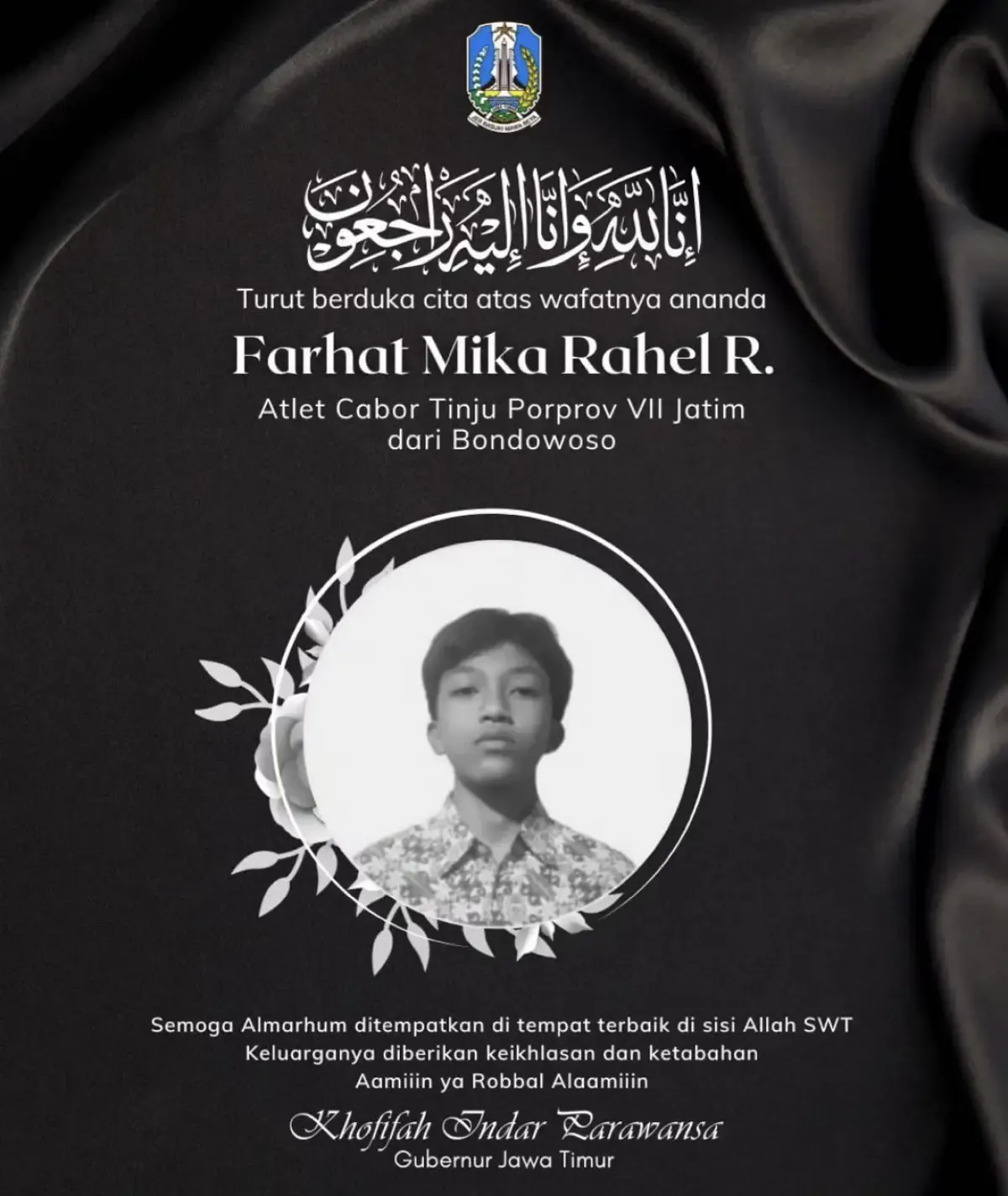 Gubernur Jawa Timur, Khofifah Indar Parawansa turut berduka cita atas kematian atlet tinju di PON Jatim (Sumber : instagram @khofifah.ip)