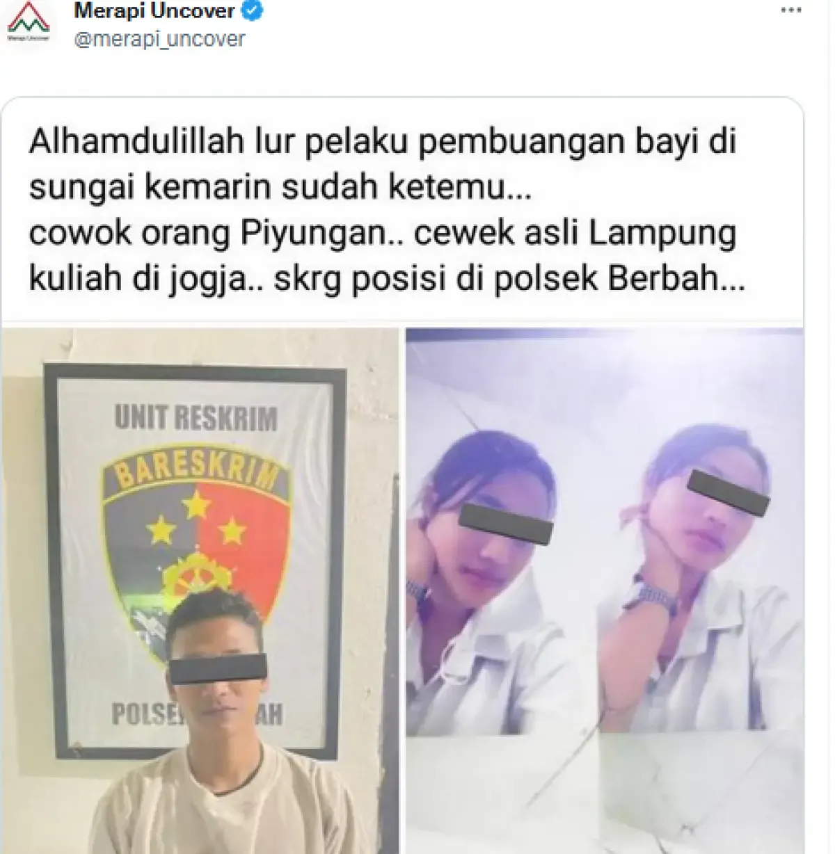 Pelaku pembuangan jasad bayi kembar di Berbah (Sumber : Twitter/@merapi_uncover)