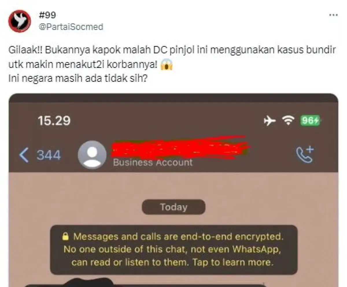 tangkapan layar chat diduga DC pinjol ancam seorang nasabah (Sumber : media sosial X @PartaiSocmed)