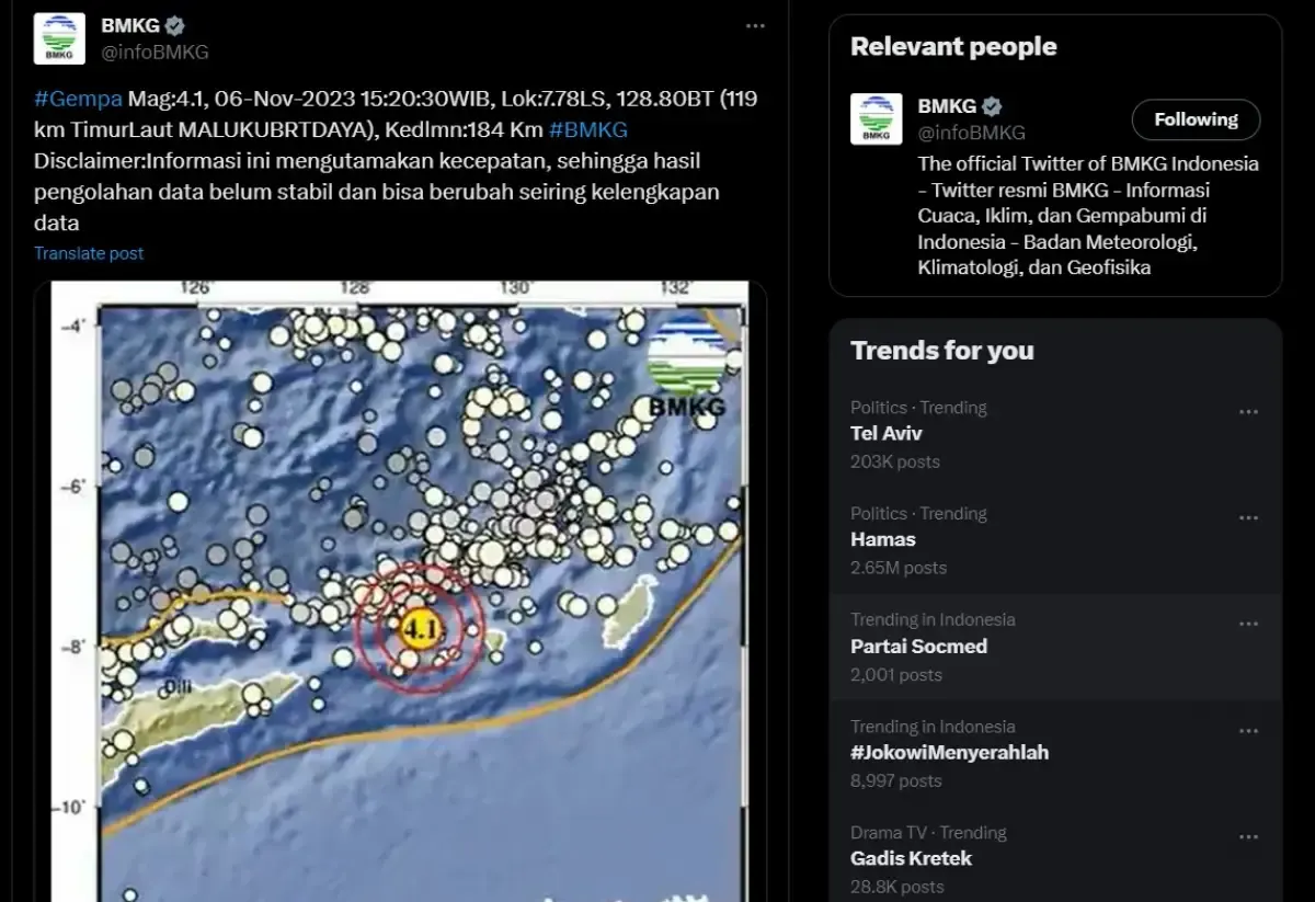 Gempa mengguncang wilayah Maluku Barat Daya hari ini, Senin, 6 November 2023. Gempa tersebut memiliki magnitudo 4.1.