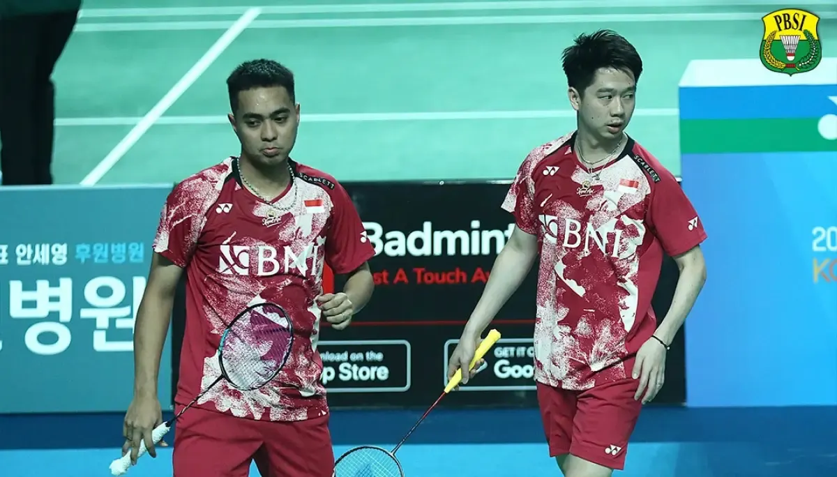 Kevin/Rahmat melaju ke babak 16 besar Korea Masters 2023 setelah wakil Korea Selatan memutuskan mundur pada set kedua pertandingan, Selasa 7 November 2023. (Sumber : PBSI)