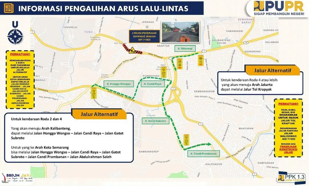 Info pengalihan arus Jalan Walisongo, Simpang Jrakah, arah Kalibanteng dan Kota Semarang. (Sumber: @ppk1.3provinsijawatengah - InfoSemarang.com)