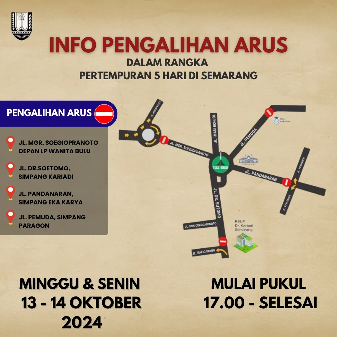Rute pengalihan akses ke kawasan Tugu Muda. (Sumber:  | Foto: Dok)