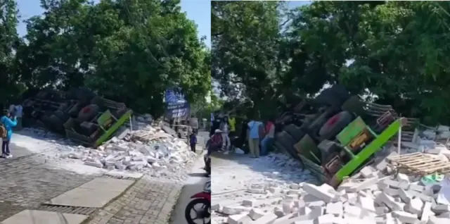 Kronologi Truk Muatan Hebel Terguling di Pakintelan Gunungpati: Rem Blong, Sopir Banting Setir ke Lahan Kosong