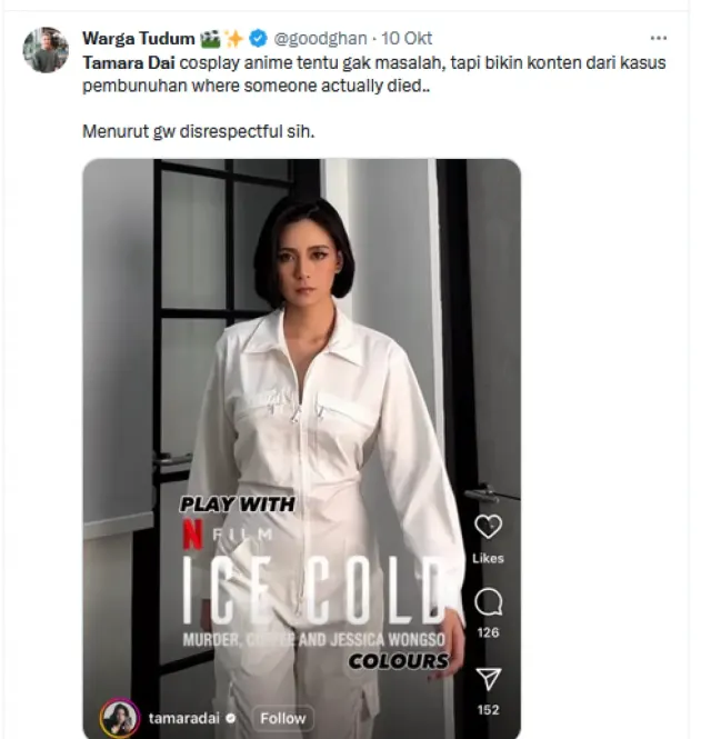 Geger Influencer Tamara Dai Cosplay Kasus Kopi Sianida, Publik Minta Hapus Konten Meski Sudah Mohon Maaf