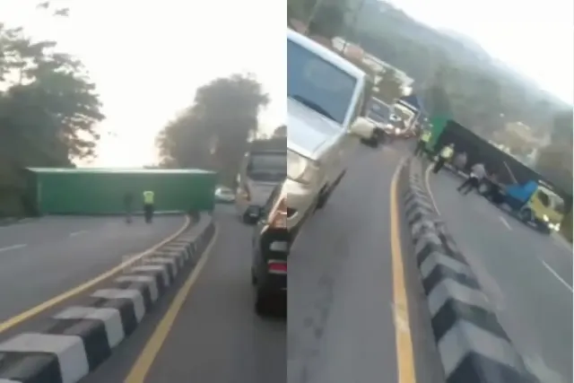 Breaking News! Kecelakaan Truk Kontainer Terguling di Jembatan Tuntang Arah Semarang, Kondisi Jalan Macet Parah