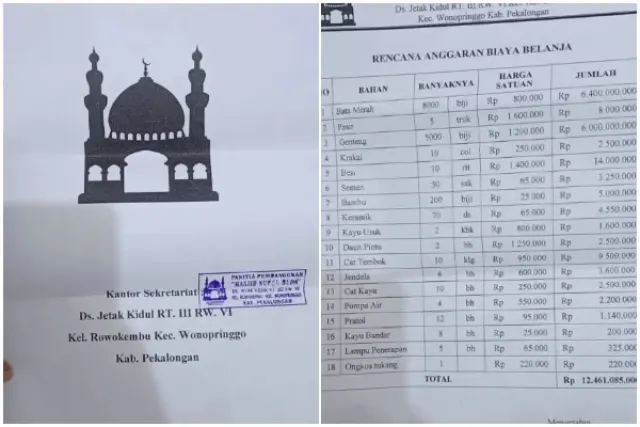 Viral Proposal Pembangunan Masjid di Pekalongan Harga 1 Bata Rp 800 Ribu, Kepala Desa Klarifikasi, Warganet: Mana Ada Maling Ngaku?