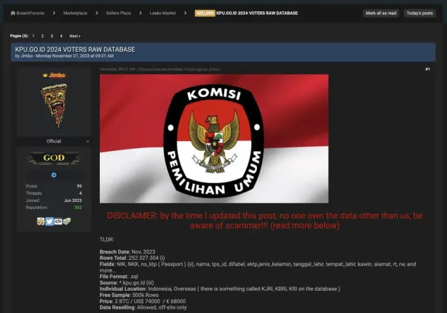 Situs KPU Kebobolan Jelang Pemilu 2024, Ratusan Juta Data Warga Indonesia Dijual di Forum Hacker