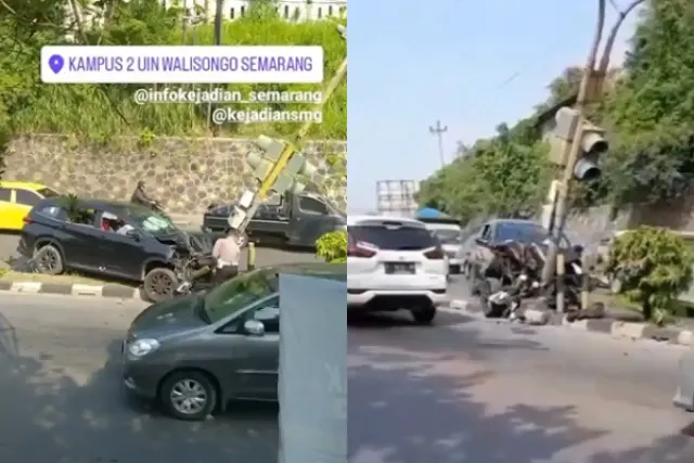 Kecelakaan Mobil di Depan Kampus UIN Walisongo, Tiang Lampu Sampai Doyong Diduga Sopir Ngebut
