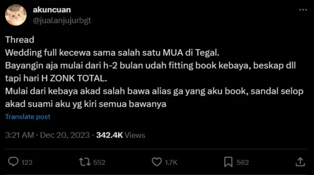 Viral Curhat Pengantin di Tegal Sebut MUA Zonk: Kebaya Tak Sesuai, Makeup Habis saat Hari H