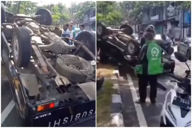 Kecelakan di Turunan Silayur Ngaliyan, Pick Up Terguling Usai Tabrak Pal